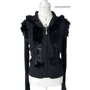 Y2K Black Knit Fur Trim Zip-up Long Sleeve Sweater with Hood